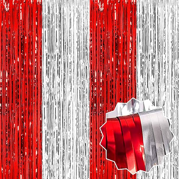 6 Pack Red and Silver Foil Fringe Curtains Backdrop, 3.28 x 8.2 Ft Metallic Streamers Tinsel Curtains Background for Photo Booth, Birthday, Weddings, Carnivals, Graduation, Themed Party Decorations