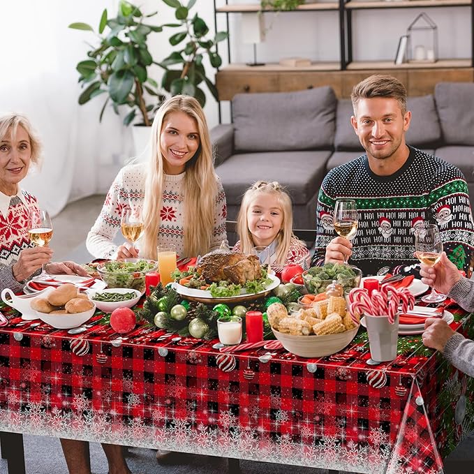 3Pcs Christmas Buffalo Plaid Snowflake Tablecloths,Plastic Red and Black Checkered Rectangle Christmas Tree Color Ball Table Cover for Winter Christmas New Year Holiday Party Decorations,54x108 inch