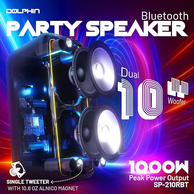 Dolphin 1000W Karaoke Party Speaker with 2 Wireless Microphones, Bluetooth, LED Lights, Tailgate Ready, and Long-Lasting Battery