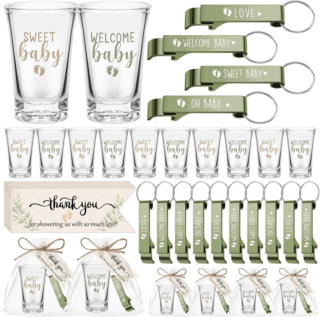Pickmesh 96 Pcs Baby Shower Party Favors for 24 Guest, Boy Girl Shot Glasses Gifts, Bottle Openers, Thank You Tags, Organza Bags Gender Reveal Party Baby Shower Return Gifts for Guest (Sage Green)