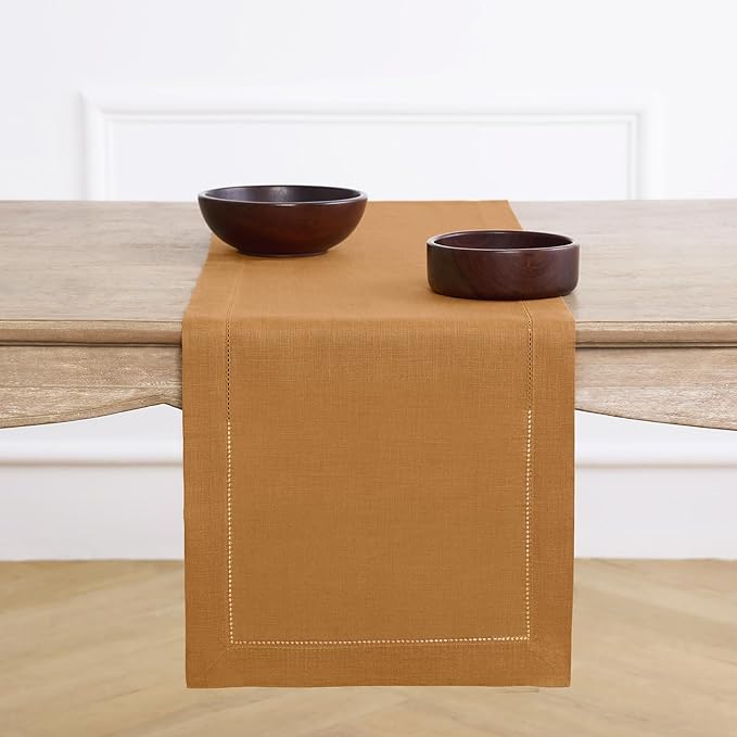 Solino Home Linen Brown Sugar Table Runner 90 Inches Long - 100% Pure Linen 14 x 90 Inch Table Runner for Fall, Autumn, Thanksgiving - Classic Hemstitch