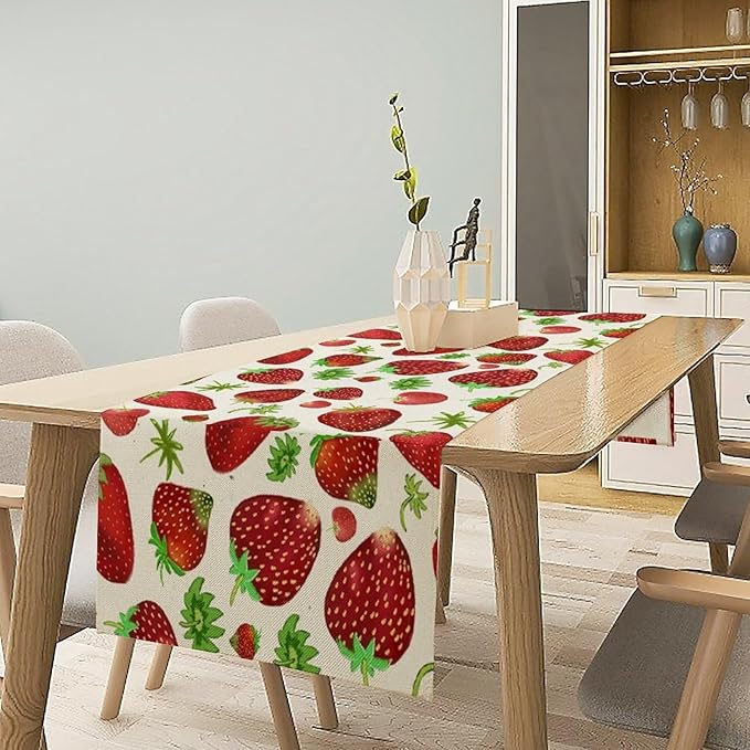 Strawberry Table Runner Spring Summer Fruit Wild Berry Forest Garden Dinner Runner for Girl Baby Shower Party Holiday Home Kitchen Dining Table Decor 13x36