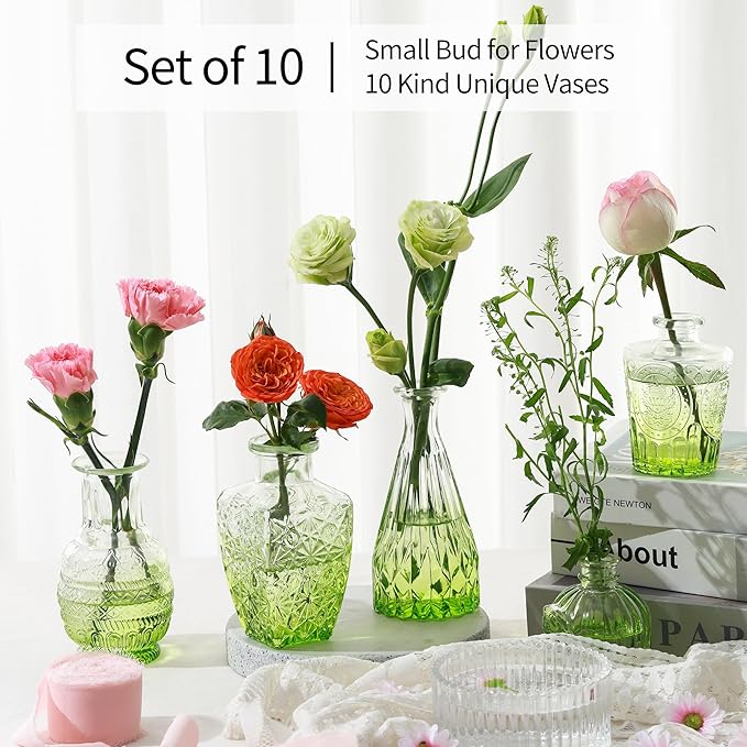 Vintage Small Glass Vases Set of 10,Mini Bud Vases for Flowers,Amber Glass Vases for Centerpieces,Wedding Decorations,Home Table Flower Decor (Olive Green)