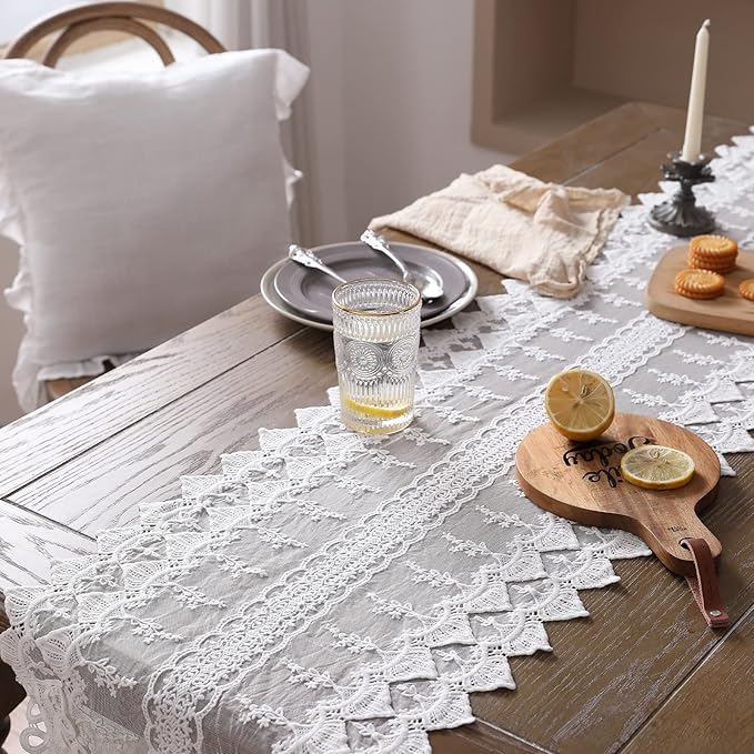 patdrea Designer Vintage White Lace Table Runner,Crochet Decorative Table Covers,Chiffon Embroidered Tasseled Table Runners, Cutwork Dresser Runners,Christmas Wedding Party Bridal 16x102 Inches Long