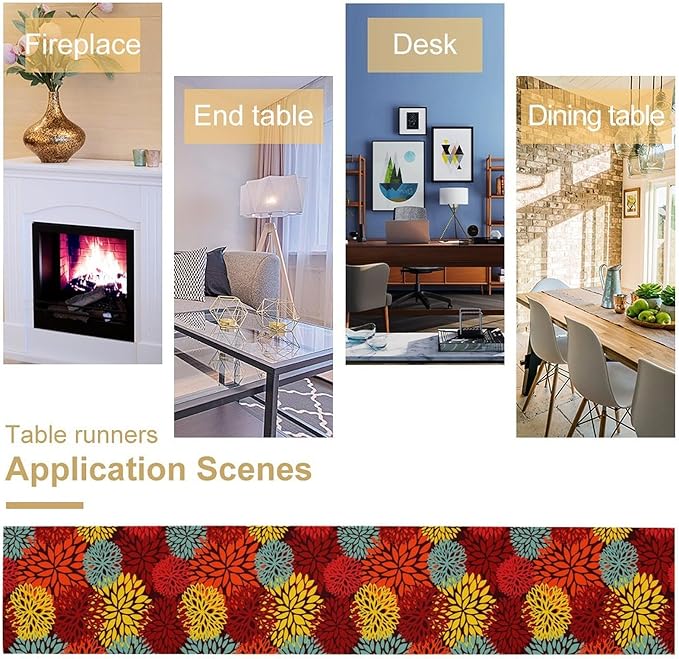 Red Yellow Dahlia Table Runner, Seasonal Autumn Thanksgiving Pattern Print for Home Kitchen Table Decor Dining Coffee Room Party Decor 13x36 Inch
