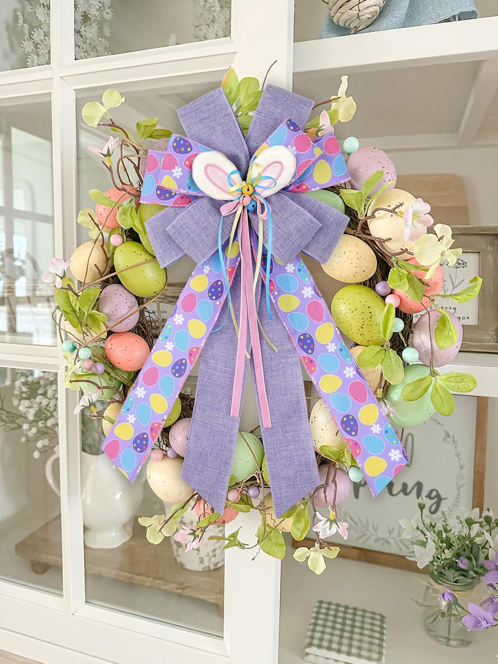 Easter Wreath Bows, Large Easter Rabbits Burlap Bows Holiday Bow Rabbits Bunny Bows for Wall Indoor Outdoor Decor (Purple)
