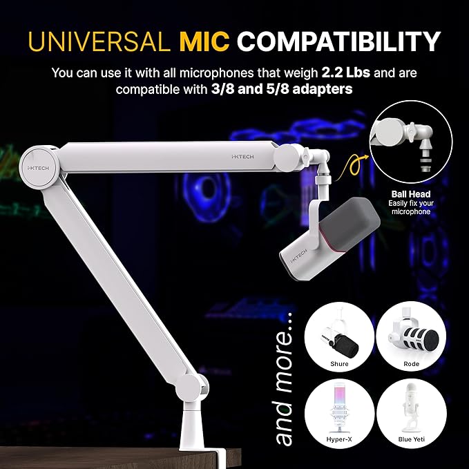 IXTECH Mic Arm White Premium Boom Arm 360° Rotatable Microphone Arm Stand with Desk Mount Fully Adjustable Sturdy and Universal VALIANT WHITE Model