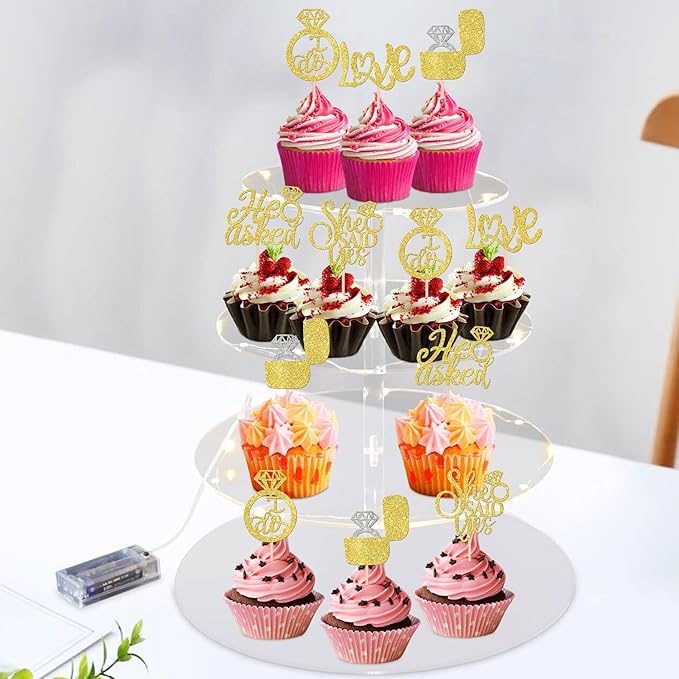 30 PCS He Asked She Said Yes Cupcake Toppers Love I Do Diamond Ring Cupcake Picks for Wedding Enaggement Bridal Shower Party Cake Decorations Supplies Gold