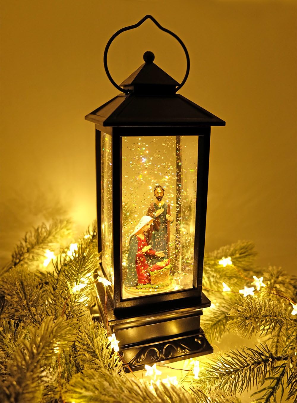Wondise Lighted Musical Snow Globe Lantern with 6 Hour Timer, 12 Inches USB Powered and Battery Operated Spinning Water and Swirling Glitter Christmas Snow Globe Lantern Gifts(Nativity)