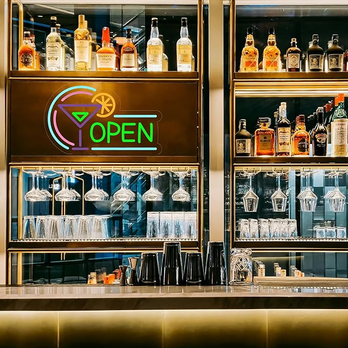 Open Neon Signs for Business, USB Dimmable Cocktails Neon Light for Beer Bar Pub Coffee Home Man Cave Stores Hotel Party Window Wall Decor