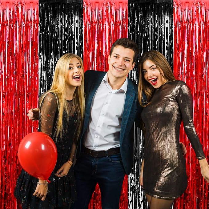 4 Pack Foil Fringe Curtain Backdrop, 3.28Ft x 8.2Ft Metallic Tinsel Foil Fringe Streamers for Photo Booth, Wedding, Casino Viva Las Vegas Game Night Birthday Party Decoration (Black Red)