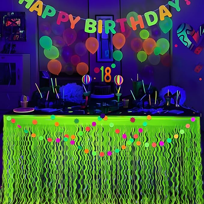 Mega-L Glow in The Dark Party Supplies, 2 Pack Neon Party Decorations Fluorescent Macaron Yellow Wavy Metallic Tinsel Foil Fringe Table Skirts, Perfect Table Decors for Glow Birthday Decor