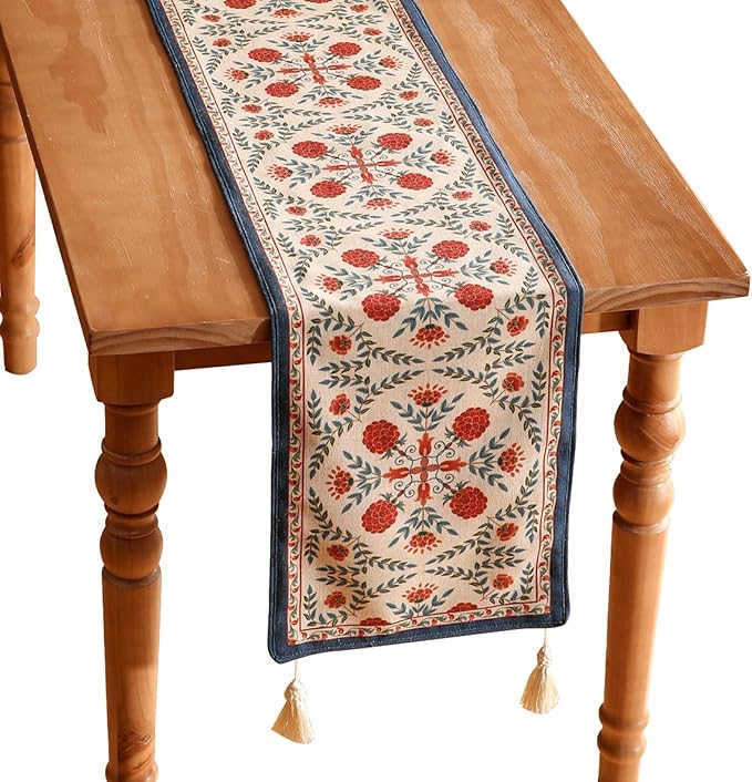 patdrea Designer Vintage Bright Farmhouse Linen Table Runner 71 Inch Long, Maroon Floral Pattern Table Mat, Decoration for Kitchen Dining Table Coffee Table Cabinet Banquet Christmas ,12"*71"