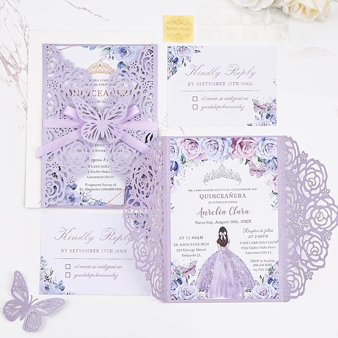Purple Butterfly Laser Cut Wedding Invitations 50 Set, Hollow Out Rose Shaped Wedding Invites for Bridal Shower Quince Invitaciones Para Boda (Blank Inner Sheet, No Pattern)