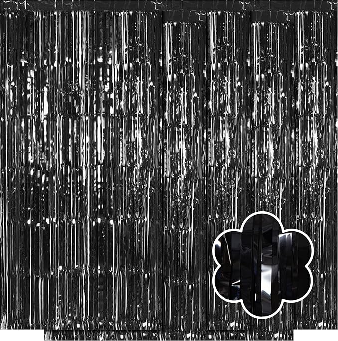 5 Pack Black Foil Curtain Backdrop 3.2ft x 9.8ft Metallic Tinsel Foil Fringe Curtains Streamer Photo Booth Backdrop for Birthday Party Engagement Bachelorette Party Decorations (Black)