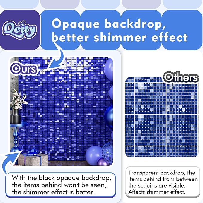 Qcity Blue Shimmer Wall Backdrop 24PCS, Black Back Not See-Through Design, Square Sequin Glitter Backdrop Panel, Perfect for Outdoor Events, Birthdays, Wedding and Party Decoration