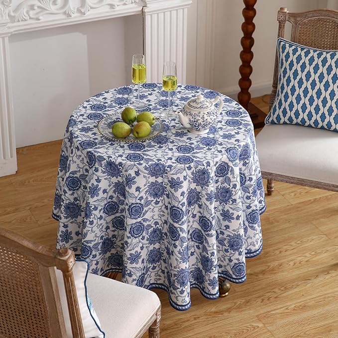patdrea Designer Linen Blue Small Tablecloth for Round Table,Vintage Durable Paisley Pattern Table Cloth,Floral Cover Fall Decor for Kitchen Dining Christmas,Thanksgiving,Diameter 55"-Lantang a