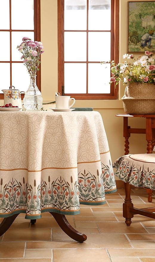 patdrea Designer Linen Vintage Tablecloth for Round Table,Anti-Wrinkle Durable Breathable French Table Cloth,Dacorative for Kitchen Dining,Party,Christmas,Thanksgiving,Diameter 55"-Cudillero
