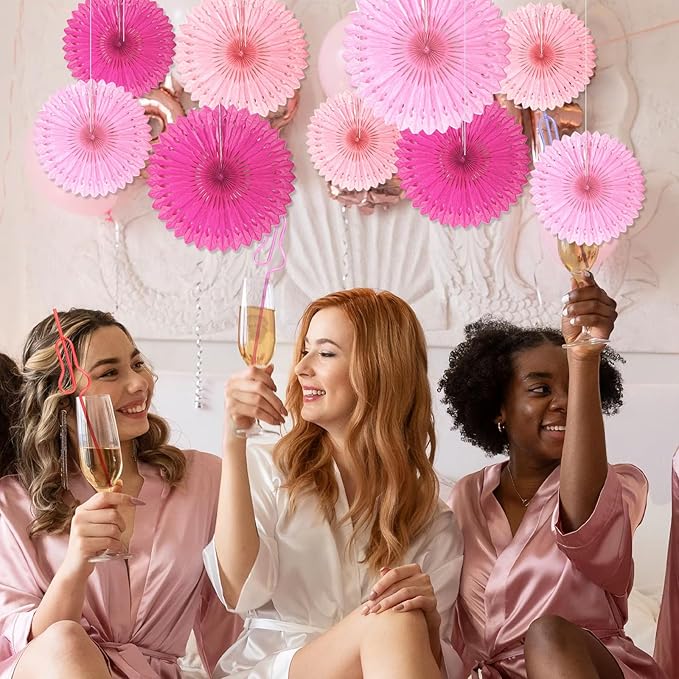 18 Pcs Pink Kit Hanging Honeycomb Paper Fans, Round Paper Fan Decorations for Weddings, Birthdays, Bachelorette, Photo Booth Backdrops, Baby Shower, Anniversary Events Party Supplies