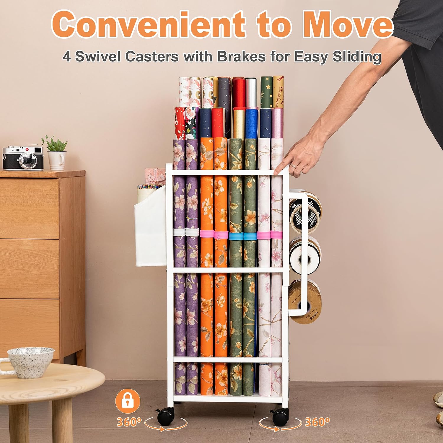 Aquzee Gift Wrapping Paper Organizer Storage, Rolling Gift Wrap Storage Stand, Vertical Wrapping Paper Storage Cart, Ribbon Organizers, 12 PCS Slap Bracelets, Adjustable Rod Design, White