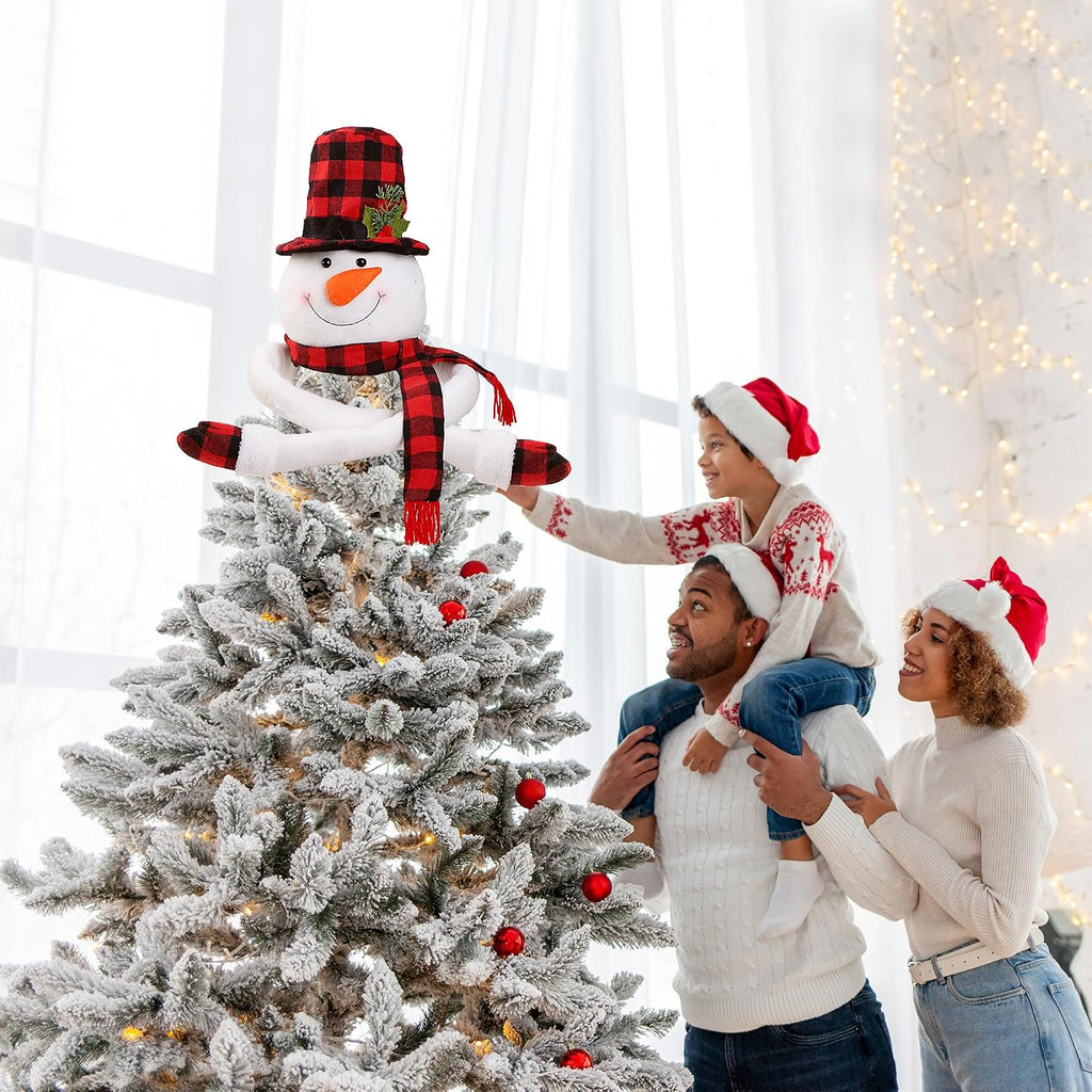 Christmas Snowman Tree Topper Unique Christmas Decoration Large Plush Funny Christmas Tree Topper with Buffalo Plaid Hat Scarf Treetop Hugger Ornament for Home Holiday Winter Party Xmas Decor