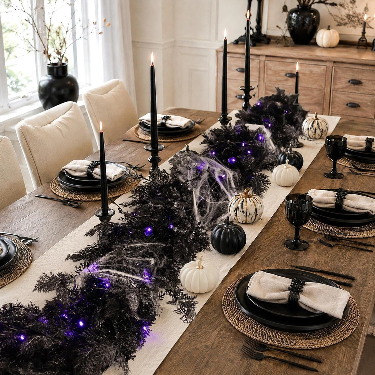 pre-lit halloween garland decorations black real touch cedar shown in use