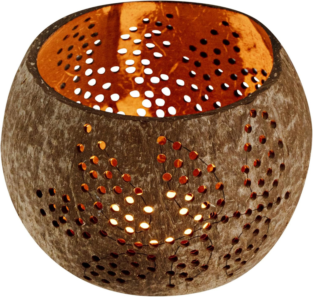 Restaurantware-Coco Casa 4 x 3.3 Inch Coconut Shell Candle Holders, 10 Reusable Tealight Holders - Candle Not Included, Leaf Pattern, Brown Coconut Bowls For Candles, Handcrafted