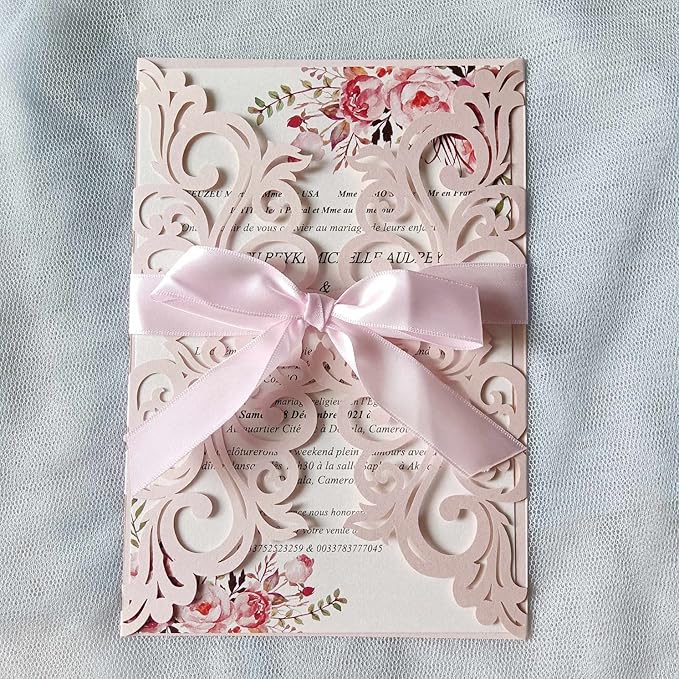 25PCS Blush Pink Laser Cut Wedding Invitations Cards with Envelopes,Blank Inner Sheets,Ribbons for Wedding Bridal Shower Quinceañera Engagement Birthday Invites
