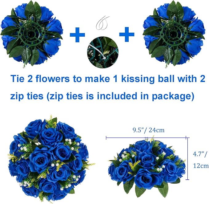 BLOSMON Royal Blue Artificial Flowers: 6 Pcs Fake Roses Flower Ball Centerpieces for Wedding Dinning Table - Faux Silk Kissing Bouquet with Base Floral Arrangement for Home Party Event Decor