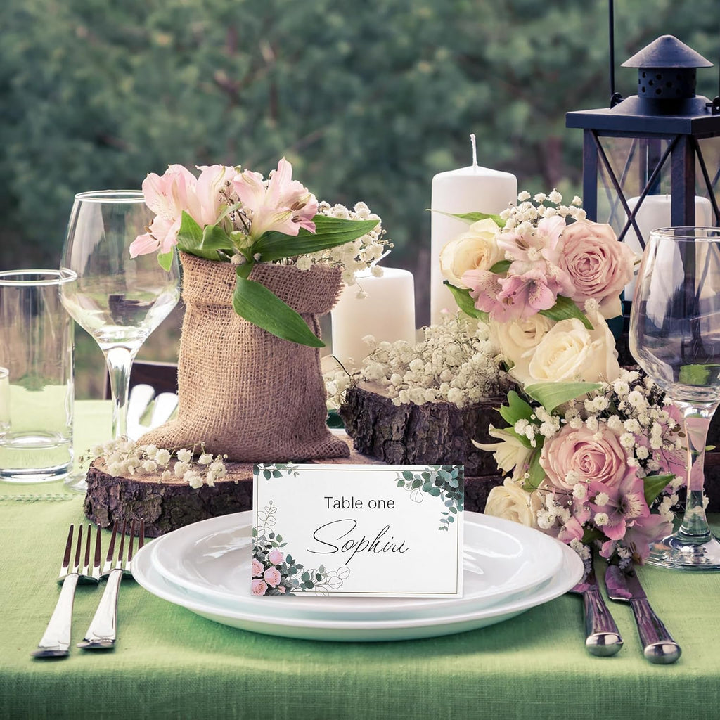 100 Pack Place Cards for Table Setting – 4" x 2.5" Folded Tent Cards, Eucalyptus Design Name Place Cards for Weddings, Parties, Events, Dinner Tables