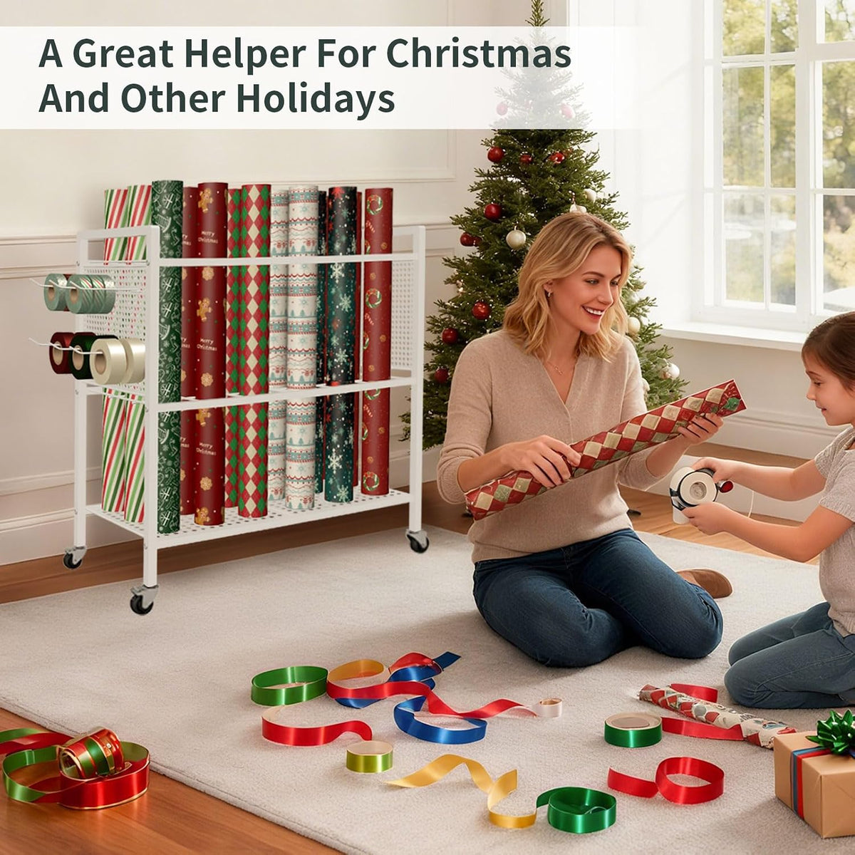 wrapping paper organizer storage with wheel cart, 18, package contents