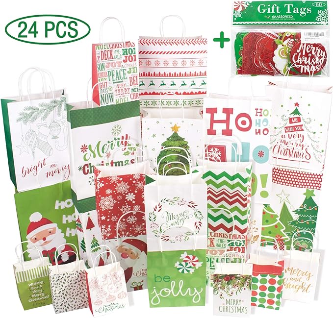 Christmas Gift Tags 60 Count with Untied String (15 Assorted Glitter, Foil, Printed Designs for DIY Xmas Present Wrap and Label Package Name Card)