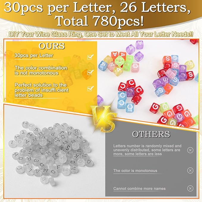 60 Sets DIY Wine Glass Charms – 780 Letter Beads 120 Gold Beads 60 Charm Rings 2 Tweezers, Drink Identifier Charms Wine Glass Marker Tags for Wedding Cocktail Bachelorette Party Decoration (Square)