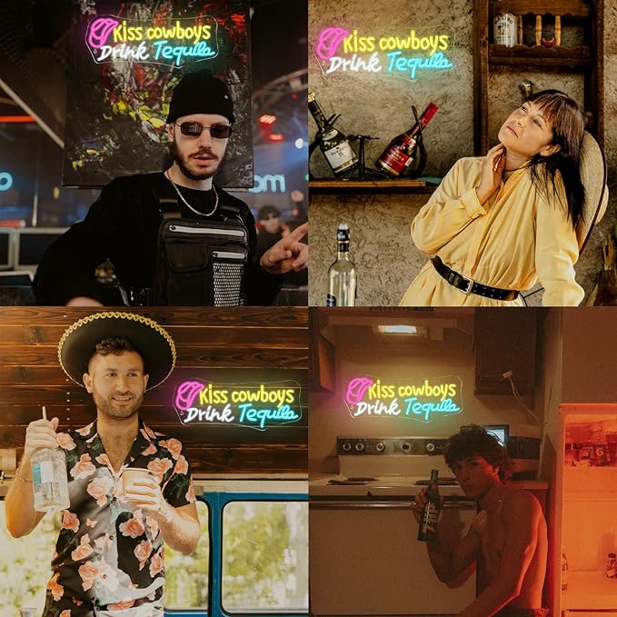 Kiss Cowboy Drink Tequila Neon Sign Bar Led Neon Light Save Water Drink Tequila Neon Signs For Wall Decor Home Beer Bar Club Man Cave Party Decorations Gifts