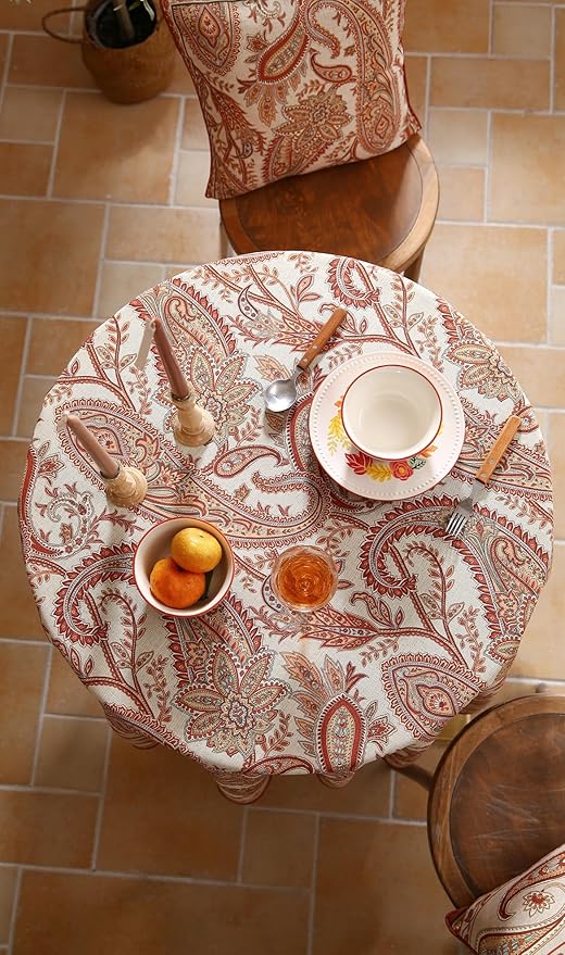 ISAENNE Designer French Red Round Square Tablecloth,Linen Table Cloth with Cashew Pattern,Stain Proof Decor Tablecloths for Dining Thanksgiving Kitchen Christmas,Diameter 55"-Chauffrey D