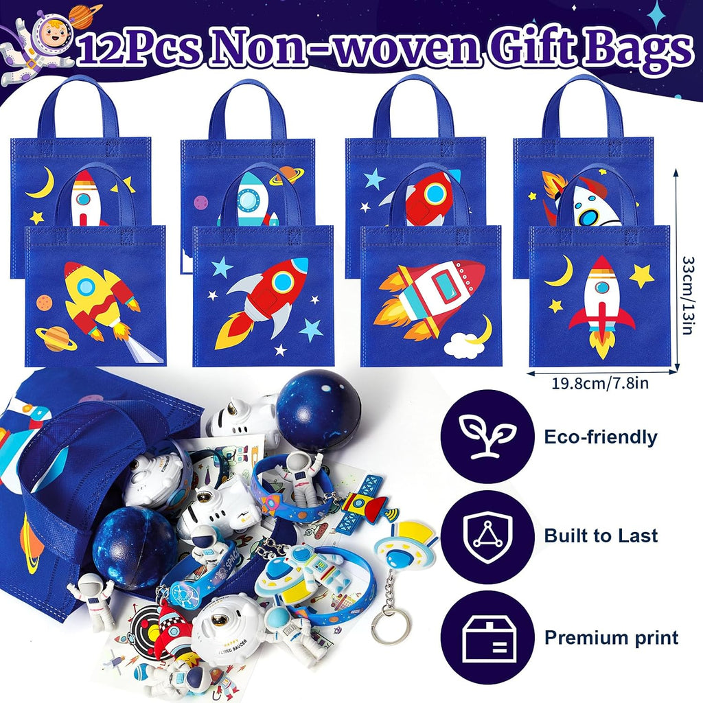 SNLN Outer Space Party Favors Birthday Supplies Non-Woven Gift Bag Stress Ball Spaceship Toy Astronaut Eraser Silicone Bracelet Keychain Tattoo Sticker Galaxy Space Goodie Bags Party Decoration