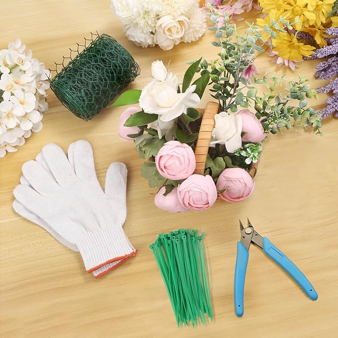 4 × 236 in Floral Wire Netting, Green Chicken Wire for Floral Arrangements, Galvanized Coated Chicken Mesh Netting with Plier & Plant Ties for Floral Supplies | Garden Fencing | DIY Craft