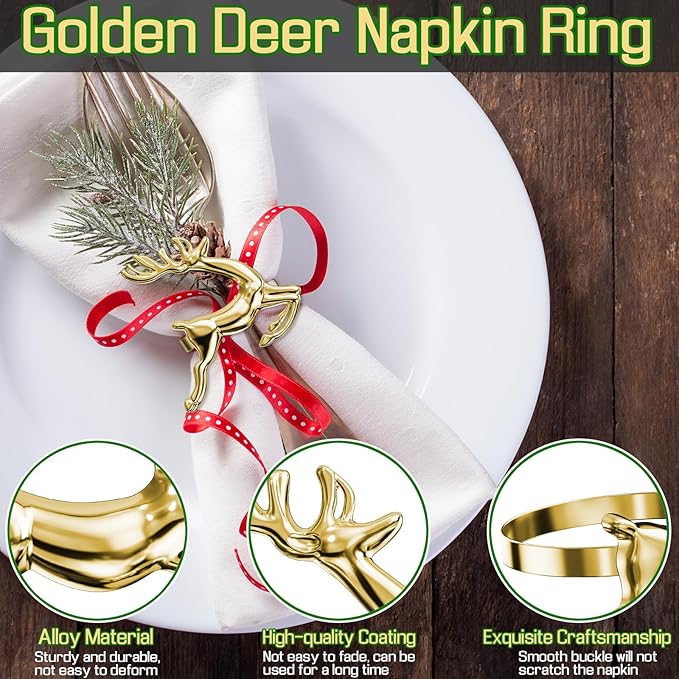 ZeeDix Gold Reindeer Christmas Napkin Rings Set of 24, Napkin Holder Ring for Christmas Dinner Table Decor Cloth Napkins, Wedding Receptions, Holiday Party, Banquet and Home Kitchen