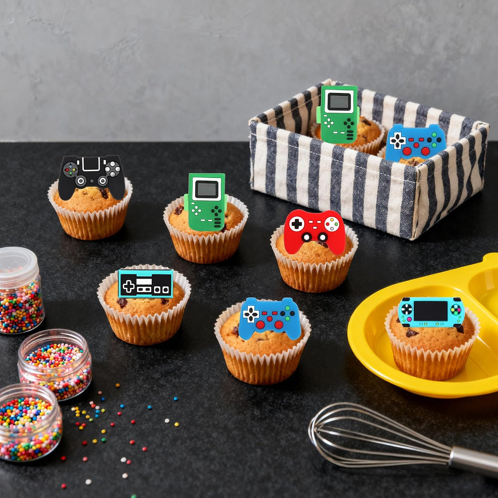 24 PCS Video Game Cupcake Rings Toppers Video Game Birthday Party Decorations Game On Controllers Cupcake Toppers for GamePad Theme Baby Shower Birthday Anniversary Party Cake Decorations Supplies