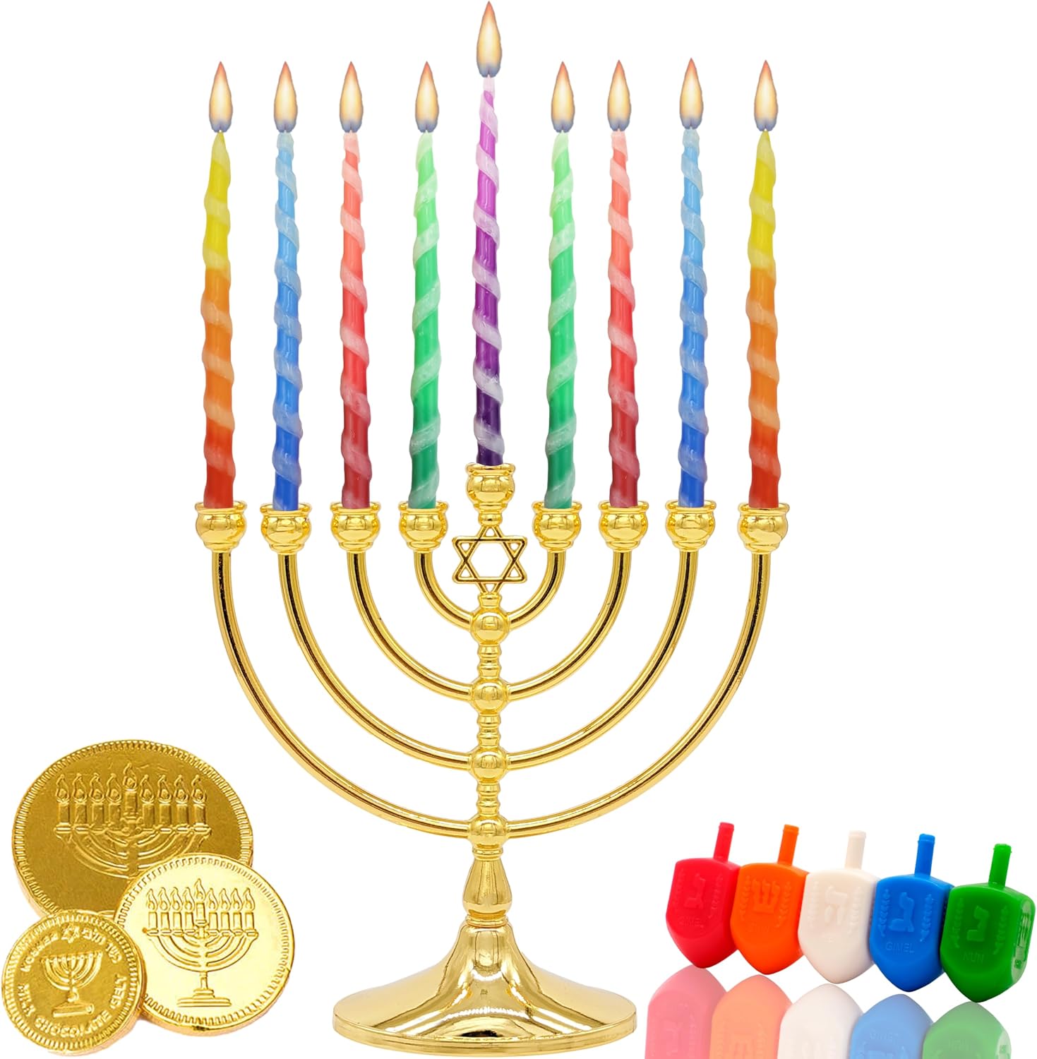 The Dreidel Company Deluxe Twisted Multi Colored Hanukkah Menorah Candles 45 Candles for All 8 Nights of Chanukah, 1-Hour Burn Time