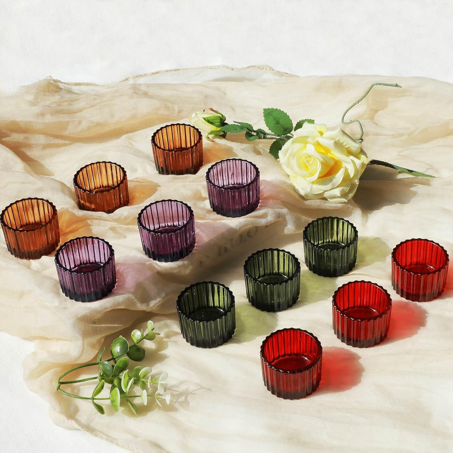 VOHO 4 Colors Tealight Candle Holder Fall Decor Set of 12, Votive Candle Holders for Table Centerpiece, Ribbed Tea Light Candle Holder Glass for Halloween/Thanksgiving/Christmas Decorations/Gifts