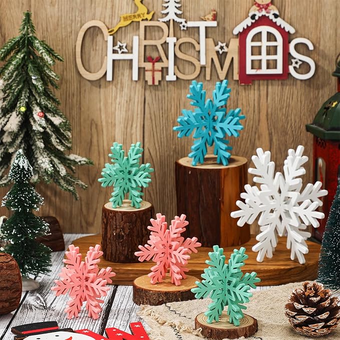 Bucherry 12 Pcs Wooden Snowflake Table Decor 3D Snowflake Tabletop Signs and Centerpiece for Christmas Xmas Winter Wonderland Decorations Home Party(Pink, Green, Blue, White)