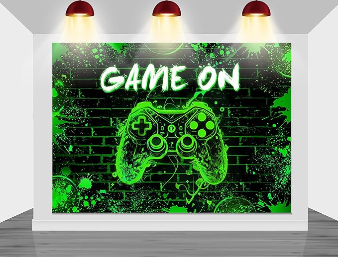 Mocsicka Game On Backdrop Video Game for Boys Level Up Birthday Party Decoration Game Night Arcade Neon Glow Gamer Banner Photography Background (Green, 10x8ft(120"x96"))