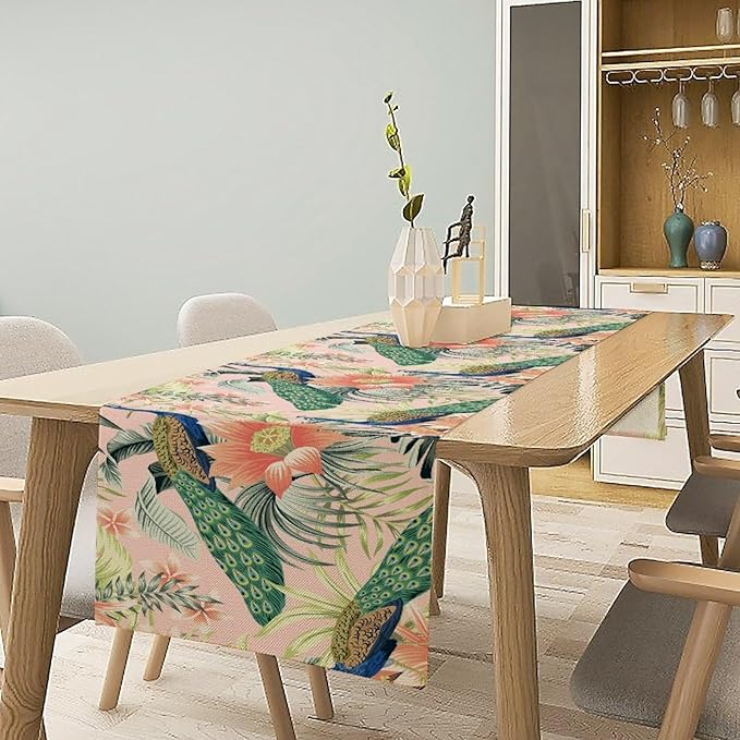 Peacock Table Runner,Pink Flower Peacock Birds Table Runner for Home Kitchen Dining Party Indoor Outdoor Decoration 13x108 Inch