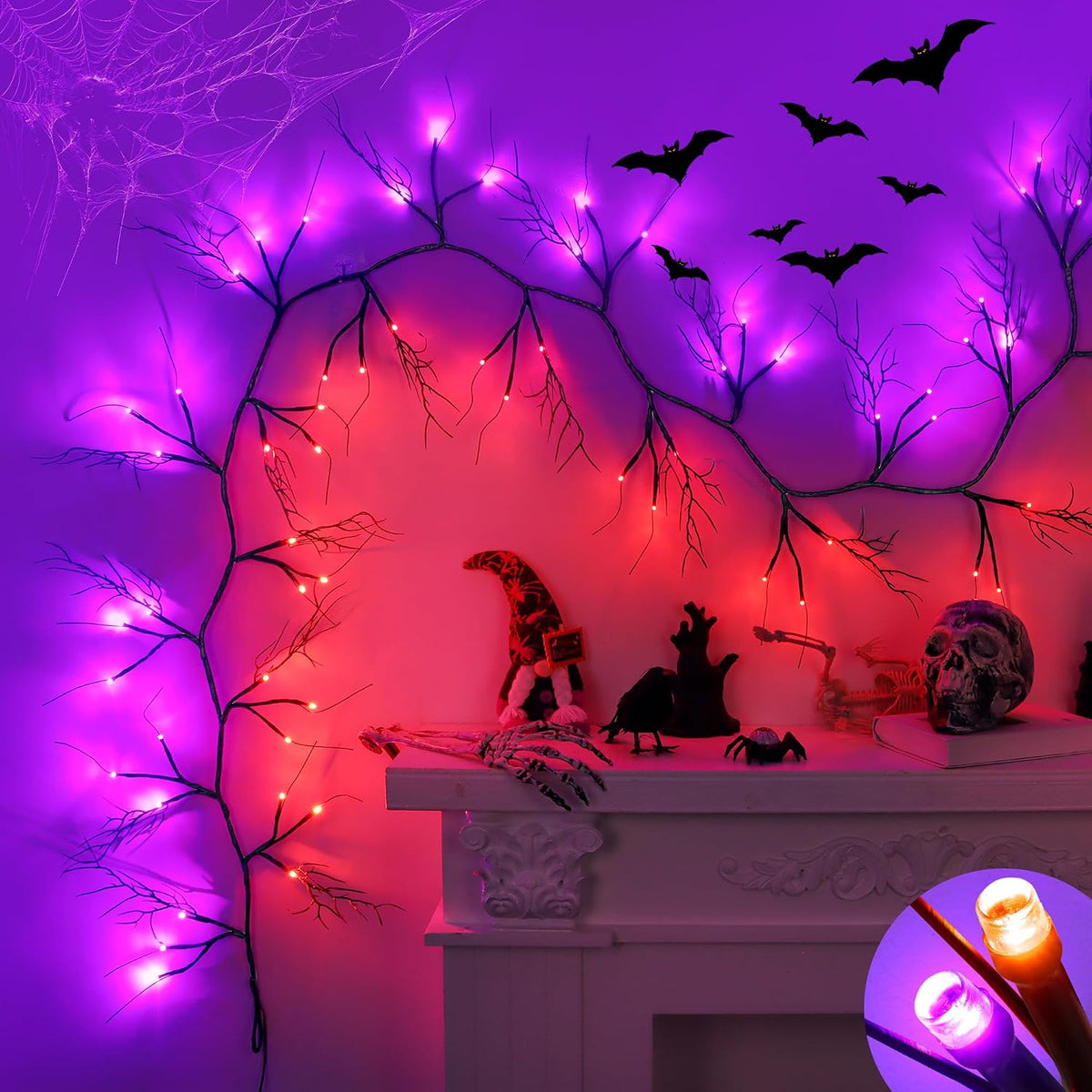 9 FT 72 LED Willow Vine Twig Decor Black Halloween Garland with Orange Purple...