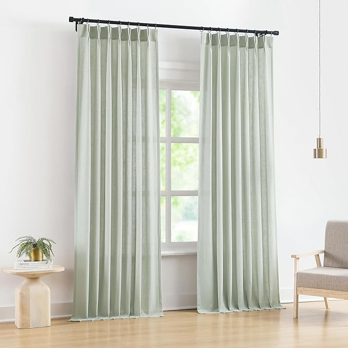 Vision Home Pinch Pleated Semi Sheer Curtains Textured Linen Blended Light Filtering Window Curtains 84 inch for Living Room Bedroom Pinch Pleat Drapes with Hooks 2 Panels 40" Wx84 L,Soft Green