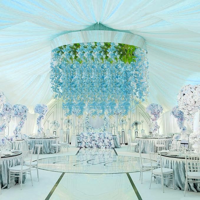 24 Pack Lake Blue Wisteria Hanging Flowers, 3.4 Ft Fake Hanging Flowers, Artificial Wisteria Garland Vines for Wedding Room Backdrop Outdoor Patio Garden Decoration