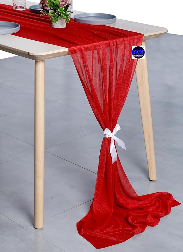 MDS 2 Pack 14ft Chiffon Table Runner 29 x 170 Inches Sheer Wedding Runner Romantic Rustic Table Runner for Wedding Decorations, Birthday Parties, Bridal Shower Party Arch Decor - Red