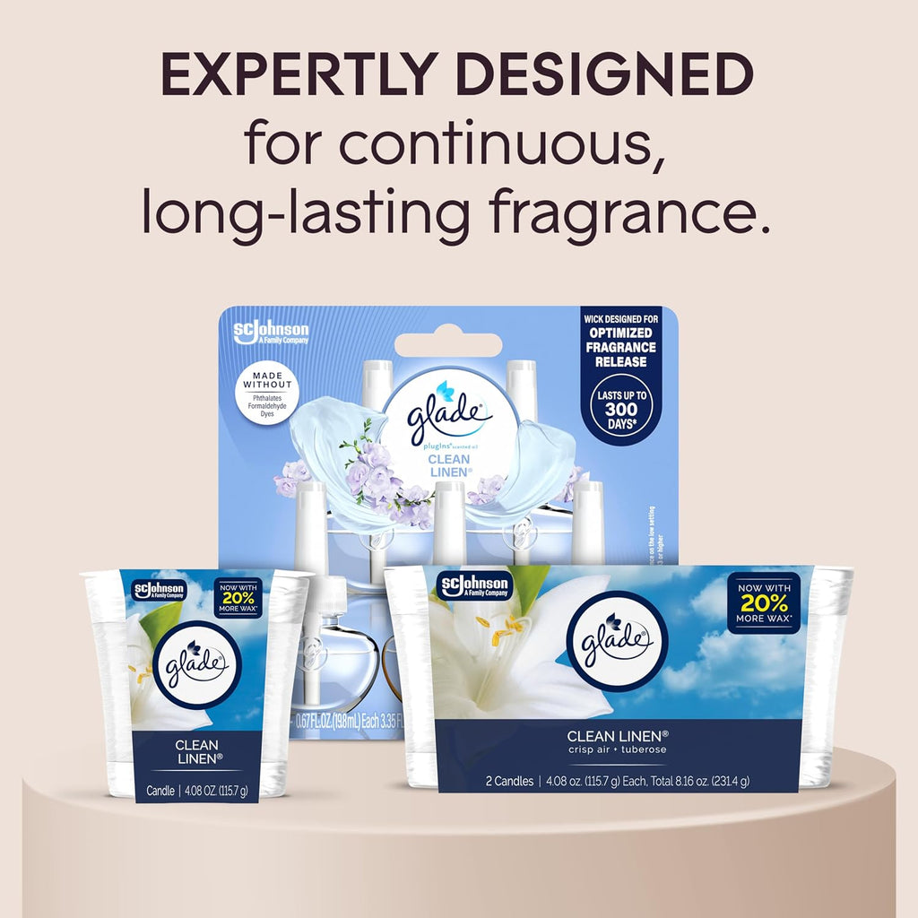 Glade 1-Wick Scented Candle Jar, Clean Linen, Air Freshener Infused with Essential Oils, 4.08 Oz, 2 Count