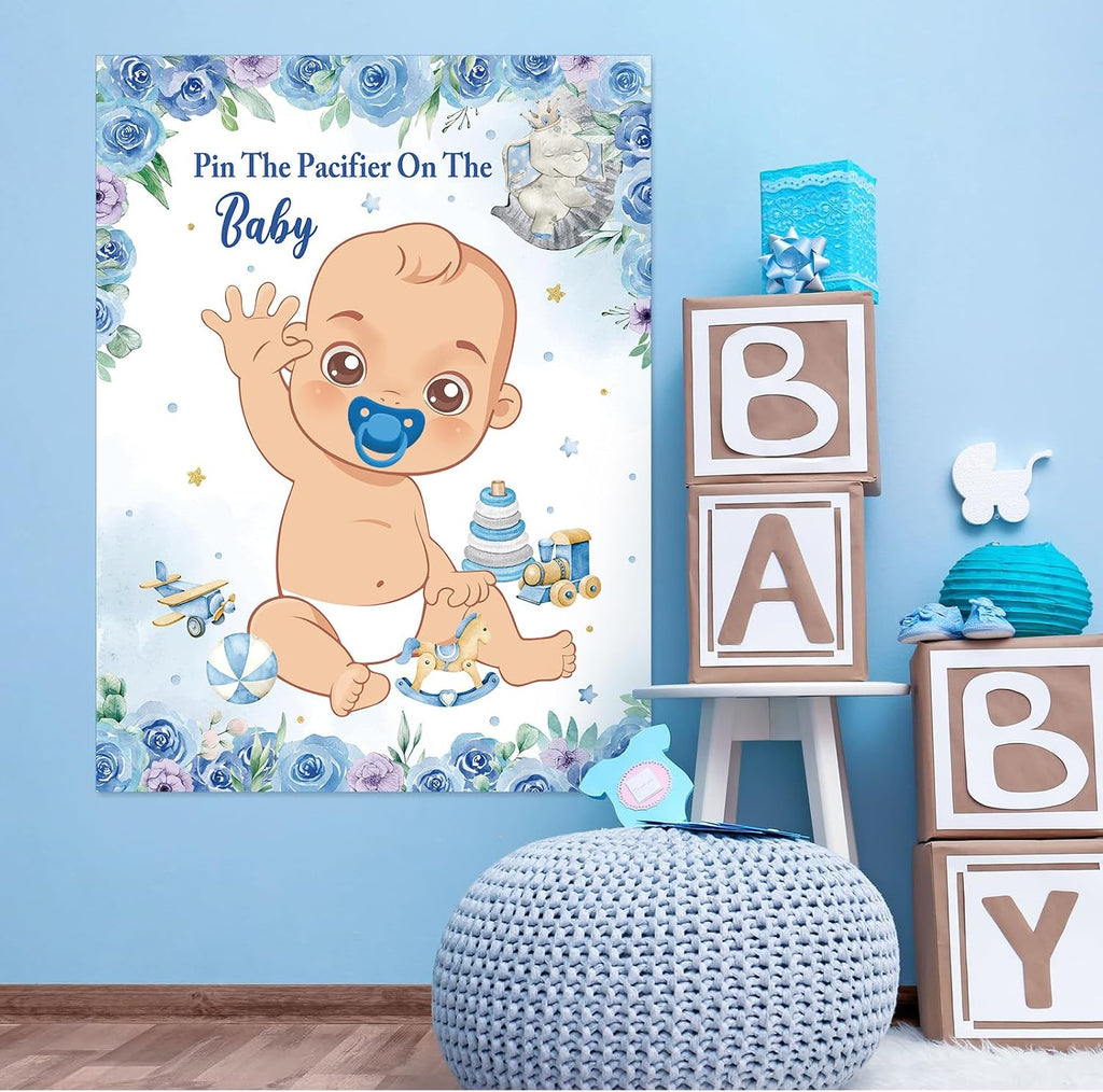 Faccito Pin The Pacifier Baby Shower Game Baby Shower Party Decorations Include Large Poster 24 Pacifier Stickers Blindfold Game Set for Birthday Party Decor Supplies(Multicolor,Elephant)